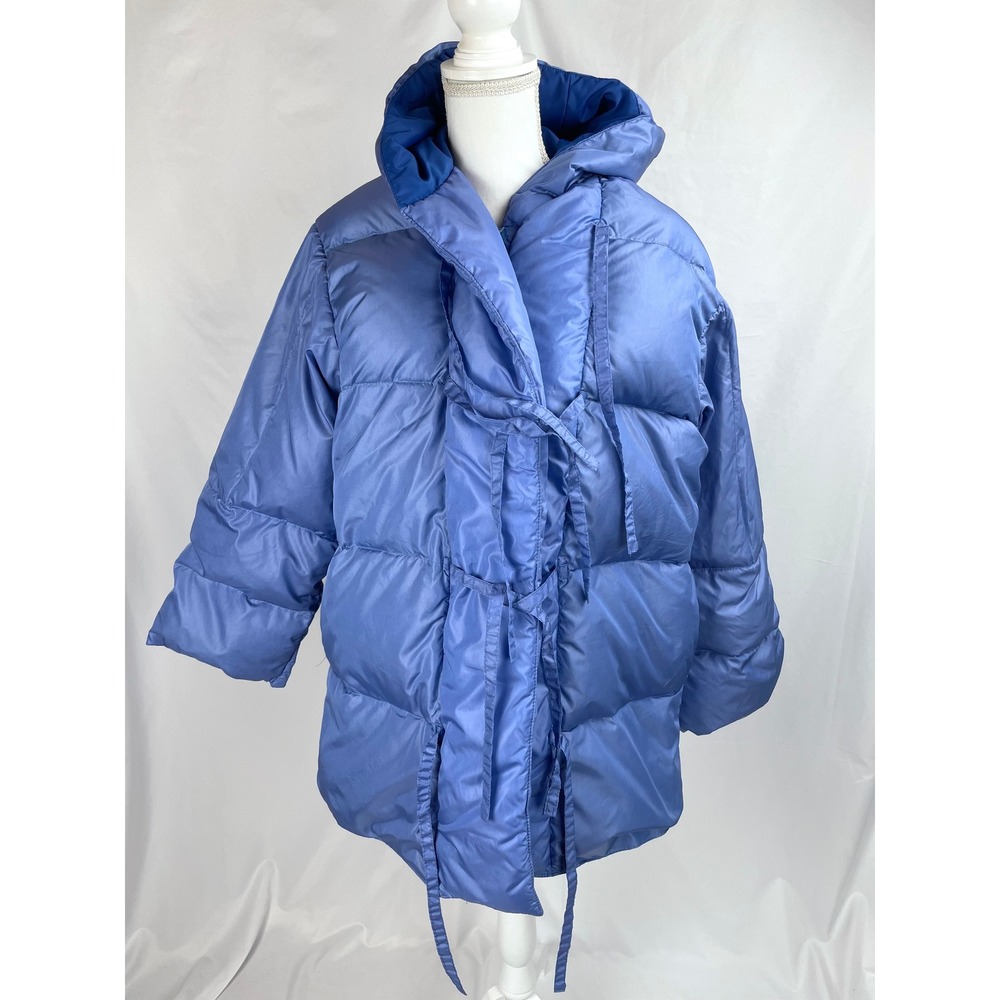 VTG Sears Women Medium Periwinkle Insulated Down Puffer Coat Jacket Zip Tie Hood